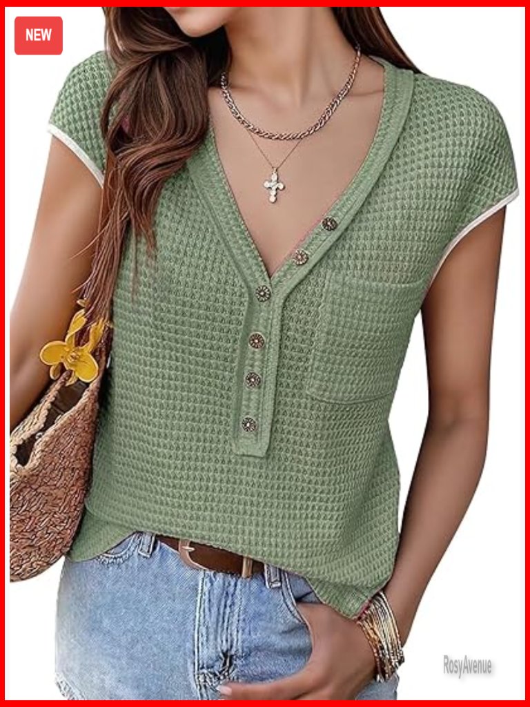 Cap Sleeve Henley Top V Neck Casual Blouse Eyelet Dressy Trendy Tee Shirt